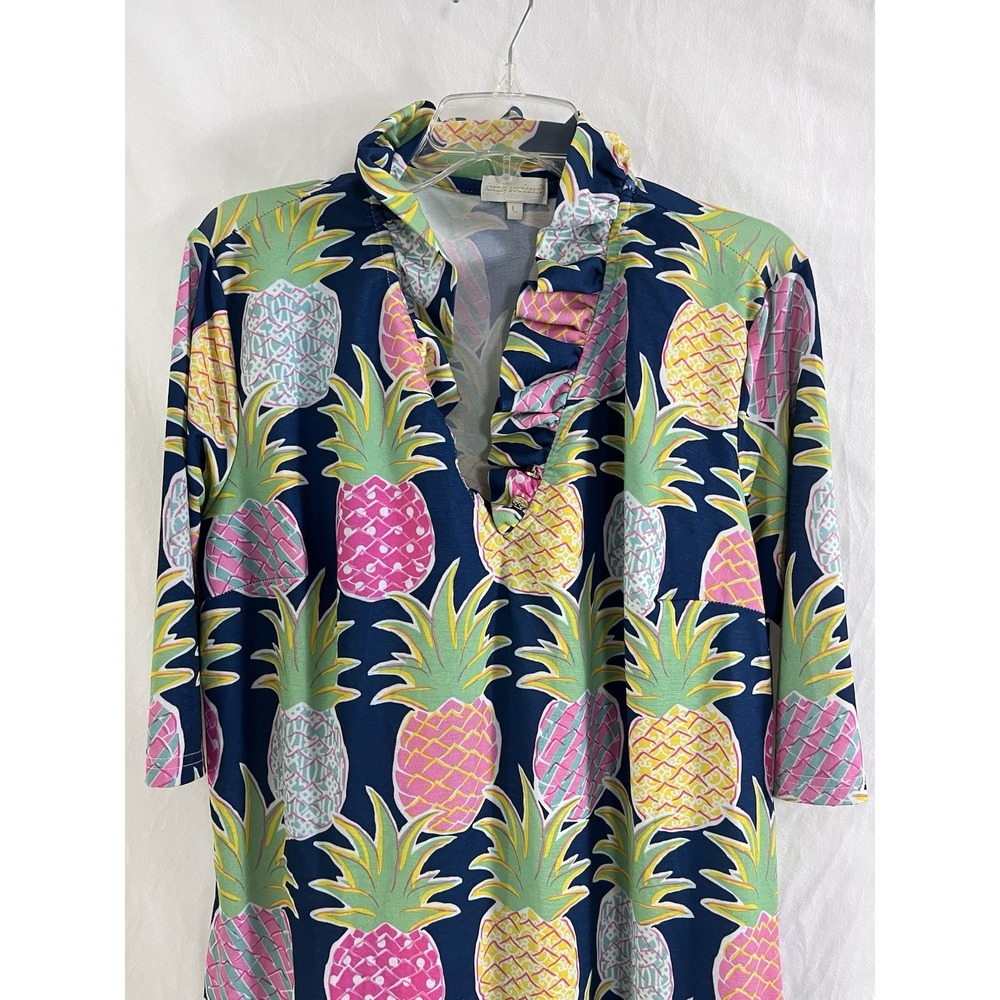Simply Southern Navy Resort Wear Pineapple Dress Ruffled Colorful Size Large